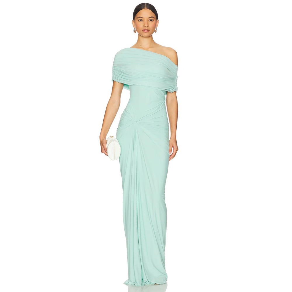 Deme by Gabriella Mint Green One Shoulder Ruched Maxi Gown Dress XS